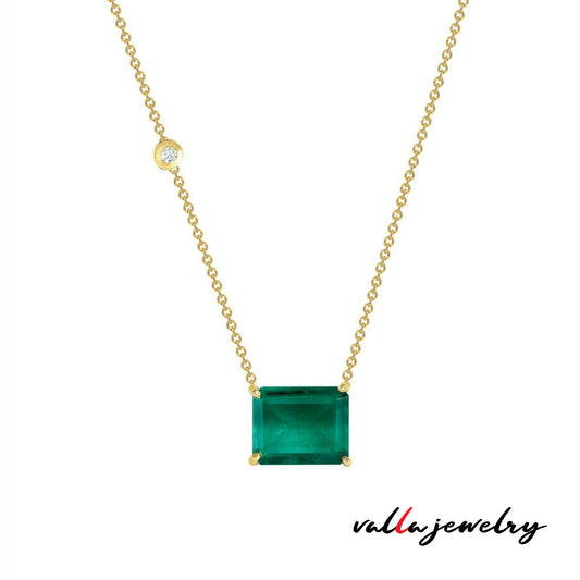14k Classy Yellow Gold Square Emerald Necklace With Diamond  V0221