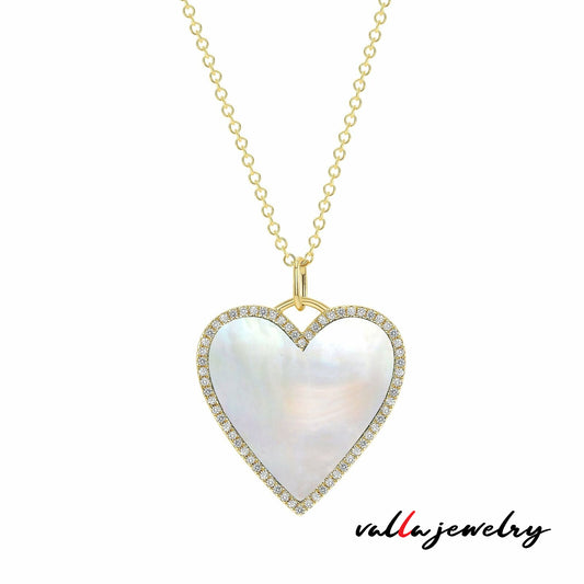 14k Yellow Gold Mother of Pearl Heart with Diamonds Necklace V0217