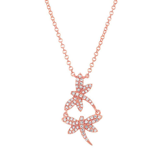 14k Rose Gold Unique Diamond Dragonfly Necklace Pendant - 0.18ct V0183