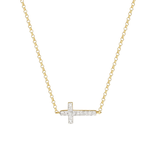 14K Yellow Gold With 0.30Ct Round Diamonds Cross Necklace V0211