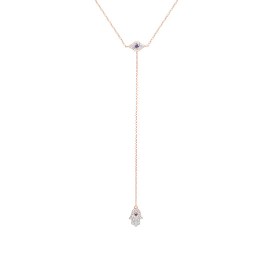 14K Unique Rose Gold Hamsa and Eye Necklace with Blue Sapphires and Round Diamonds V0207