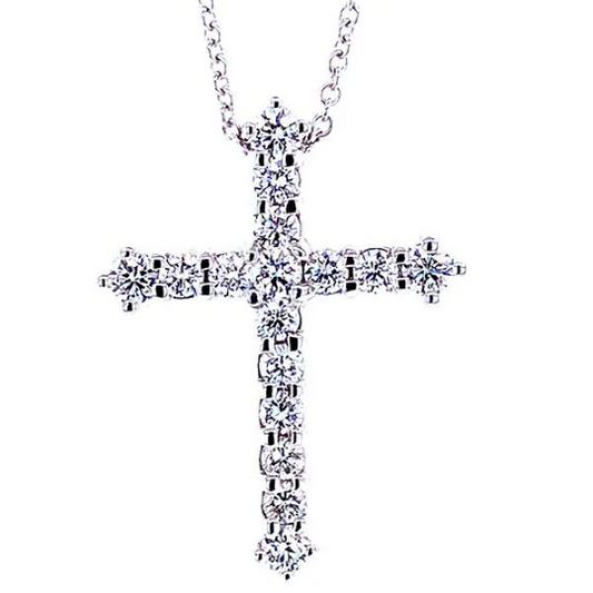 14K White Gold Classic Cross Pendant Necklace With Natural Round Diamonds