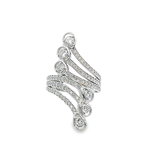 14k White Gold Diamond Round And Pear Cut Twisted Ring .87c